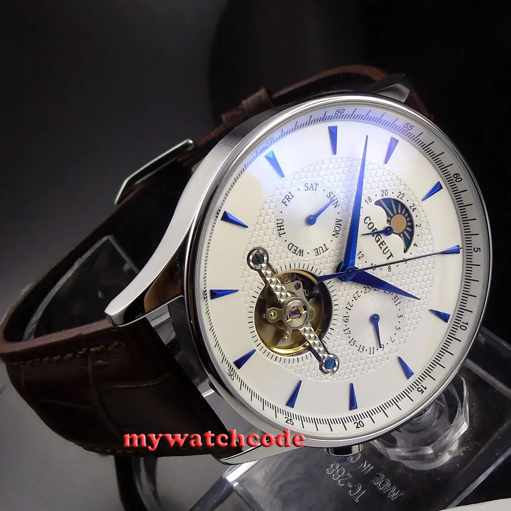 44 мм автоматические мужские наручные часы с белым циферблатом лунной фазой