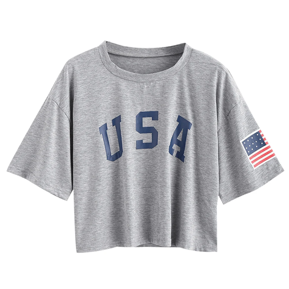 Gray Goose ZAFUL Футболка с американским принтом для женщин Уличный стиль Короткие топы с рукавами три четверти Повседневная летняя футболка с круглым вырезом - Цвет: Gray Goose