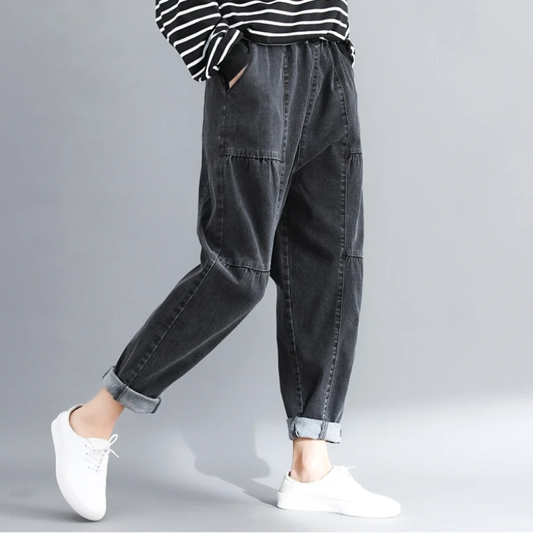 

2019 Autumn Spring Women Black Jeans Elastic Waist Cotton Denim Harem Pants Woman Boyfriend Loose Fit Wide Leg Pants Trousers