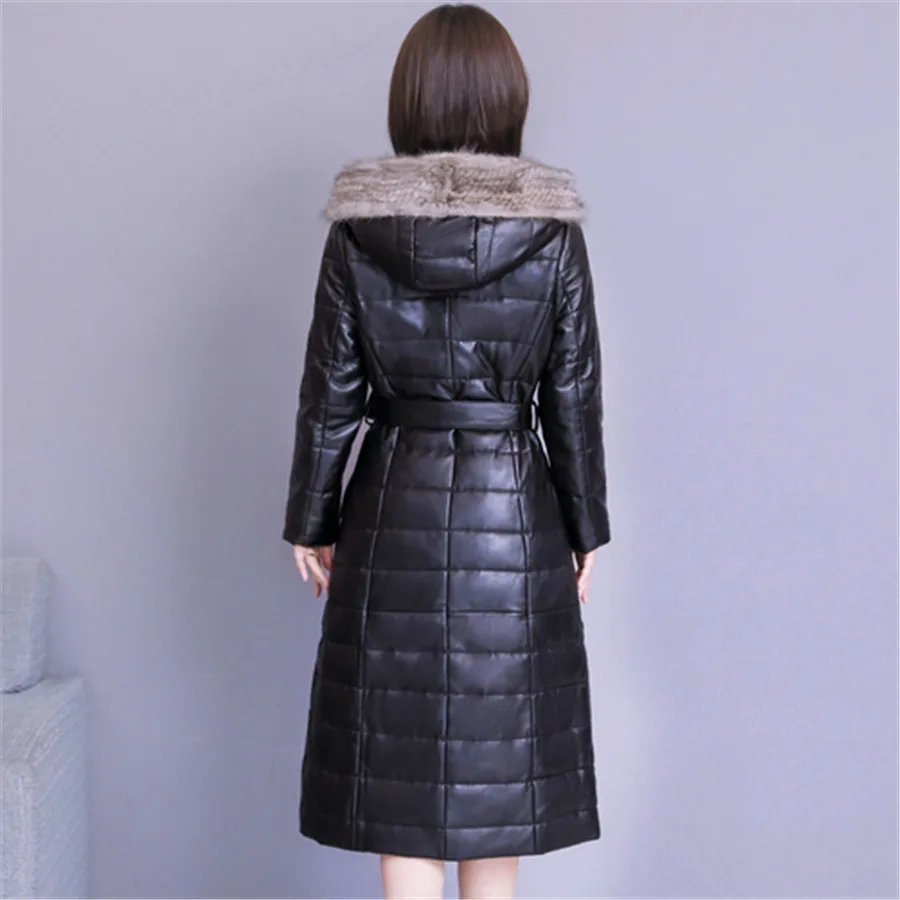 2019 new high-end high-quality fur collar PU leather down jacket cotton large size loose hooded coat long women's clothing 3XL | Женская