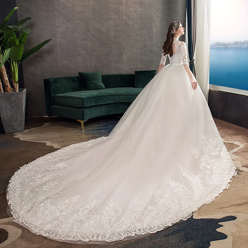 Новое свадебное платье Vestido de Noiva с коротким рукавом и Королевским шлейфом, кружевное бальное платье с аппликацией и высоким воротом, свадебное платье для невесты