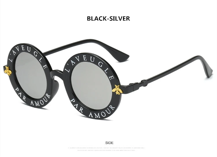 Black-Silver Ретро Круглые Солнцезащитные очки с английскими буквами, маленькая пчелка, солнцезащитные очки для мужчин и женщин, брендовые дизайнерские модные мужские и женские очки - Цвет линз: Black-Silver