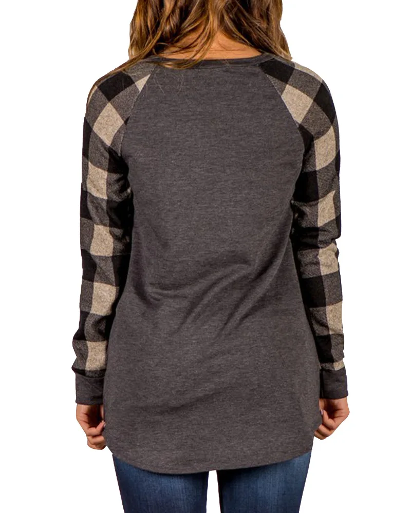 High Quality 2018 eBay Amazon Hot Sale Plaid Print Knee Pullover Panel Color Block Top T-Shirt Striped Sleeves Hoodies Cute New | Женская
