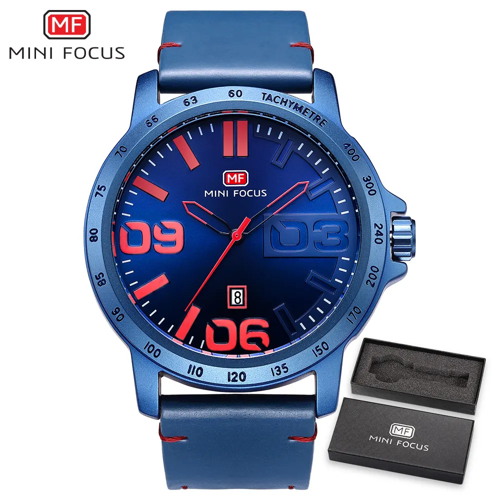 Blue With Box MINIFOCUS новые мужские спортивные часы коричневые черные мужские наручные часы из натуральной кожи военные водонепроницаемые кварцевые часы подарок для мужчин - Цвет: Blue With Box