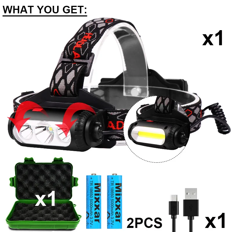 2 Batteries 1 Box ZK20 дропшиппинг T6 XPE светодиодный налобный фонарь 2 стороны Вращающийся 3 светильник источник 8 режимов красочная функция USB COB головной светильник USB Головной фонарь - Испускаемый цвет: 2 Batteries 1 Box