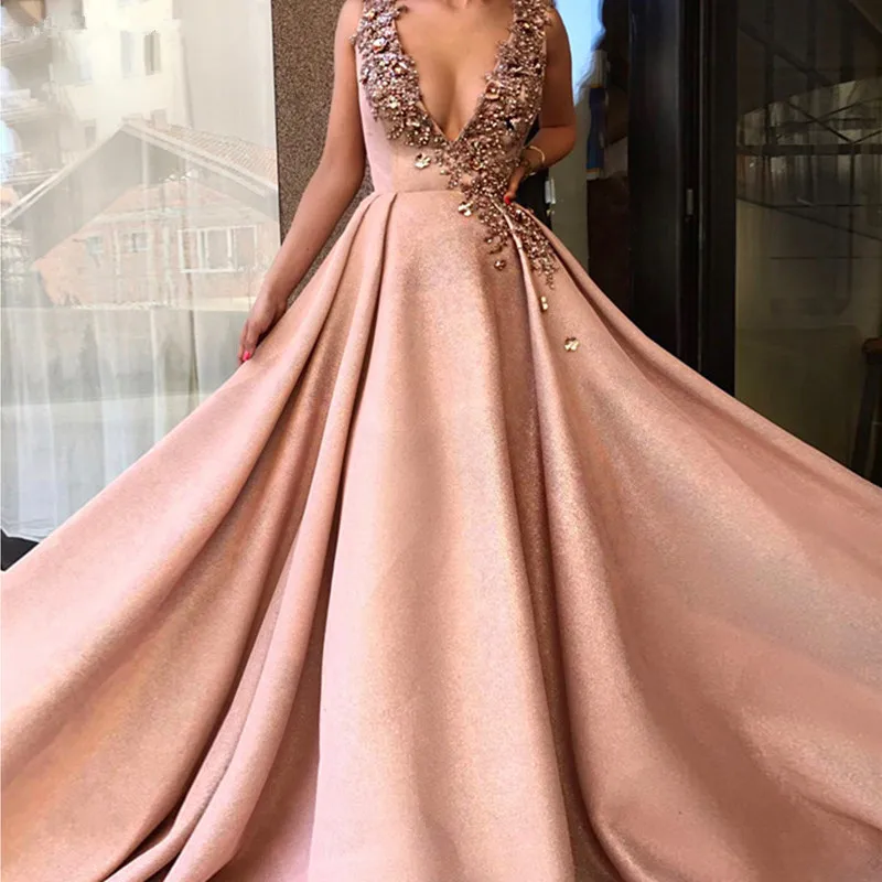 

Formal Muslim Evening Dresses A-line V-neck Beaded Crystals Elegant Dubai Saudi Arabic Long Evening Gown Prom Dress