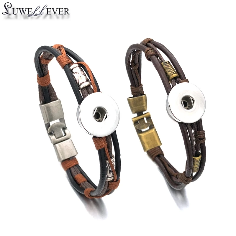 

Hot Hand Weaving 064 Interchangeable Really Genuine Leather Bracelet 18mm Snap Button Bangle Charm Jewelry For Women Men Gift