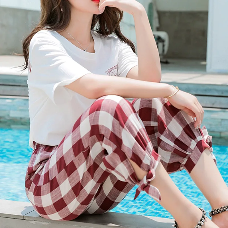 

Summer Fashion Thin Loose Elastic Waist Slim Nine Trousers 2019 Women Plaid Print Harem Pants