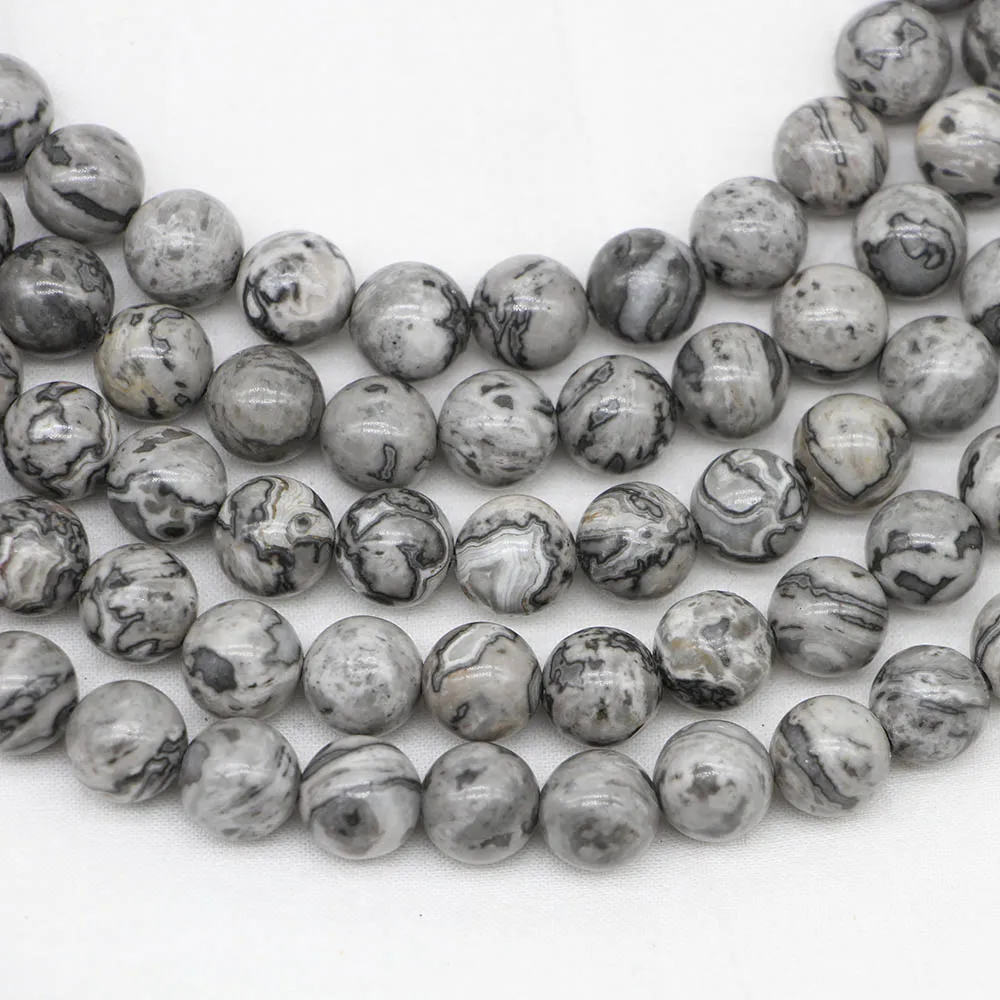 

1strand/lot 4/6/8/10/12mm Natural Grey Map Stone Jaspers Bead Round Loose Spacer Beads For Jewelry Making Findings DIY Bracelet