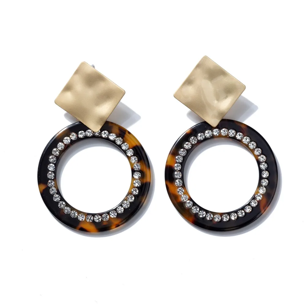 

Acetate French design Geometric Print Drop Dangle Round Rhinestones 4cm Tortoise Shell Luxury Acrylic earrings