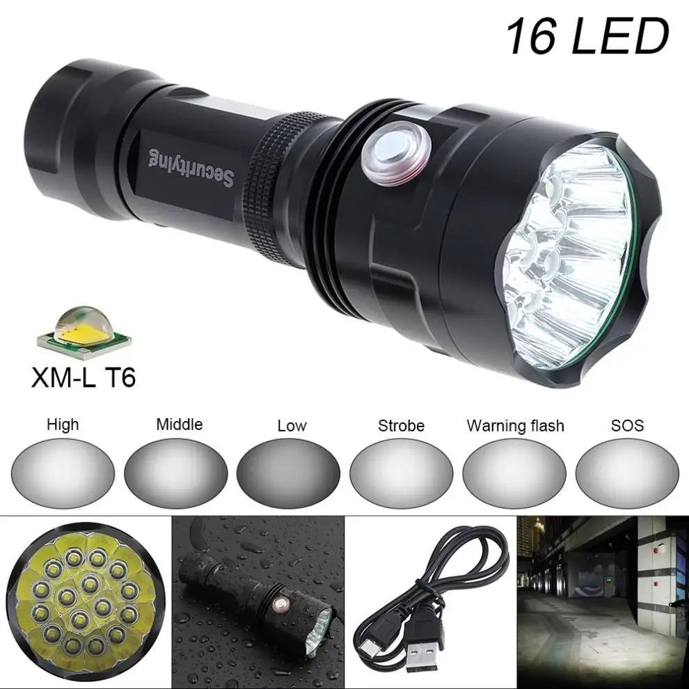 

New SecurityIng Super Bright 16x XM-L T6 LED 7200Lumens Waterproof Flashlight Torch with 6 Modes Light Support USB charging