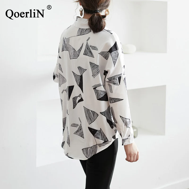 QoerliN 2019 модный принт шифоновая блузка женская рубашка с длинным рукавом плюс
