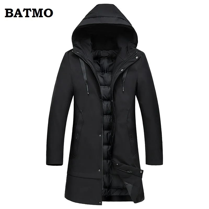 BATMO Новое поступление зимние высококачественные теплые 90% белые длинные куртки с капюшоном на утином пуху мужские зимние пальто 1801 - Цвет: black