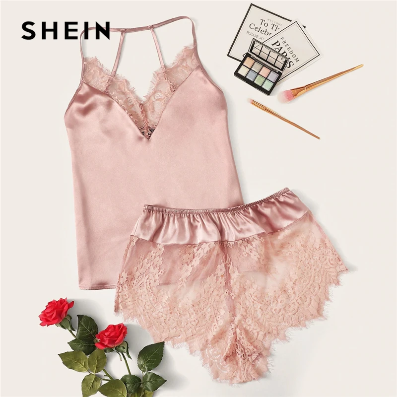 SHEIN Атласный Топ На Бретелях С Кружевом И Шорты Пижама Комплект Женский Розовый Летний Сексуальный Комплект Пижамы