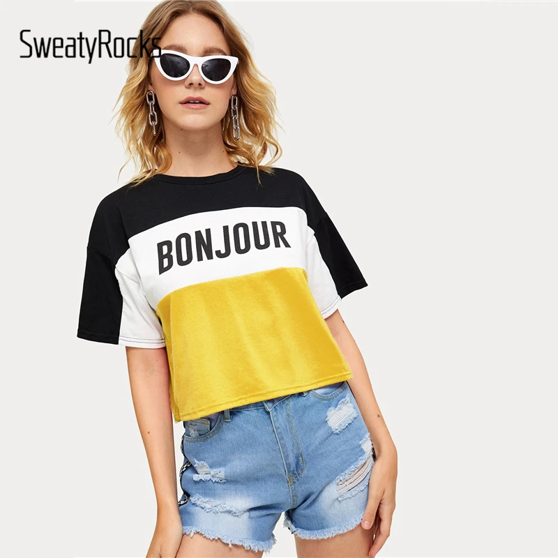 SweatyRocks, цветная футболка с буквенным принтом, уличная одежда, короткий рукав, для занятий спортом, футболки, Летние повседневные топы, женские футболки