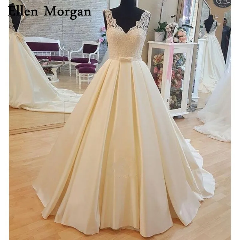 Простой сатин свадебные платья Дешевые V образным вырезом Часовня Поезд цвета