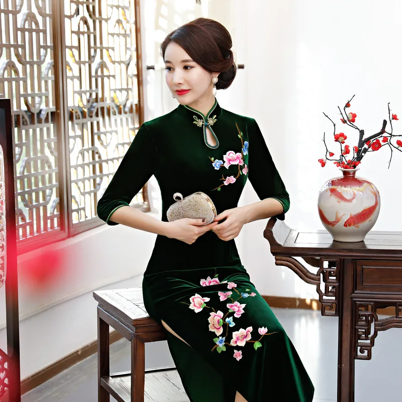 Бургундия Лилия вышивка китайский женский зимний/Auturm бархат cheongsam QiPao винтажное