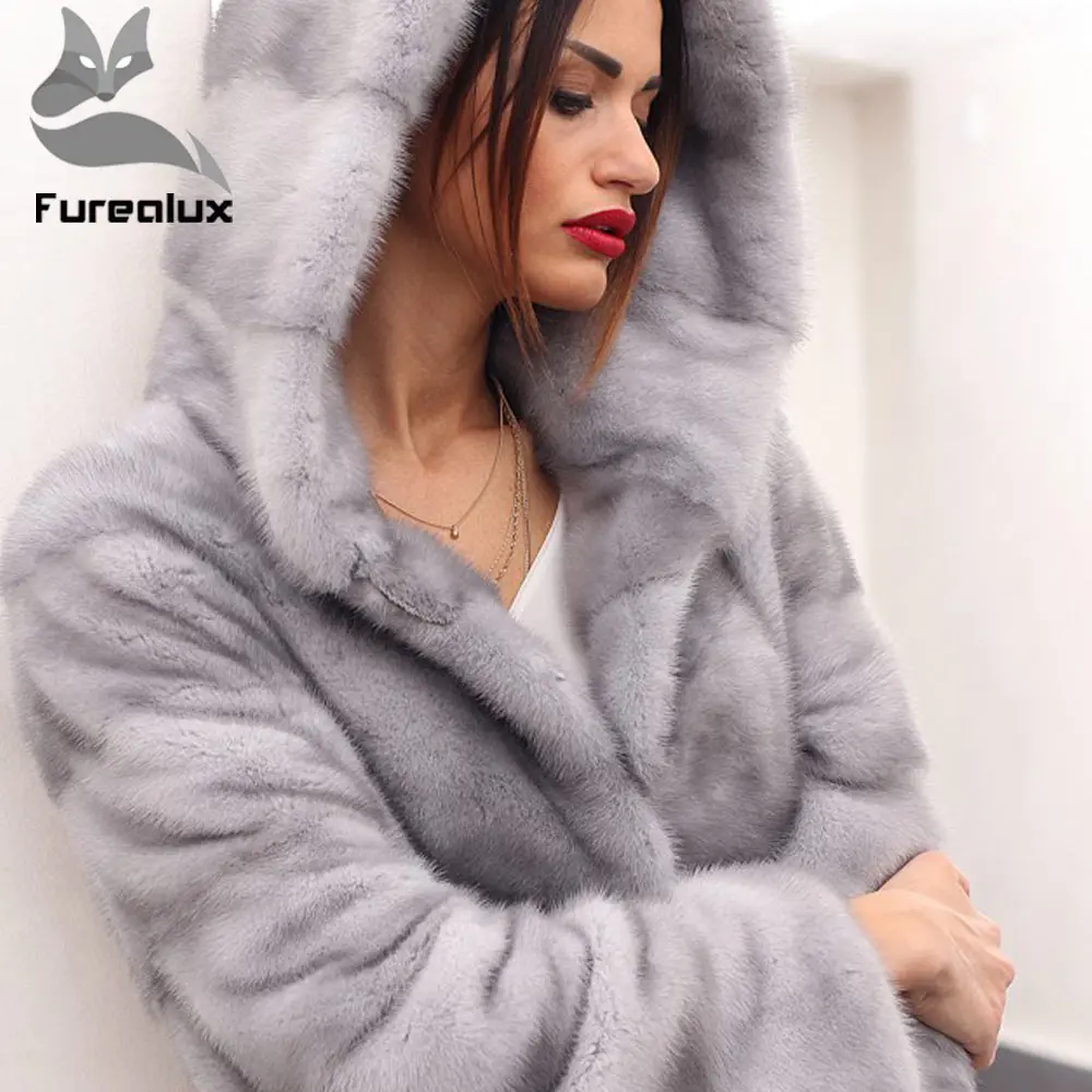 Женская шуба из натурального меха норки Furealux теплая утолщенная Шуба с капюшоном