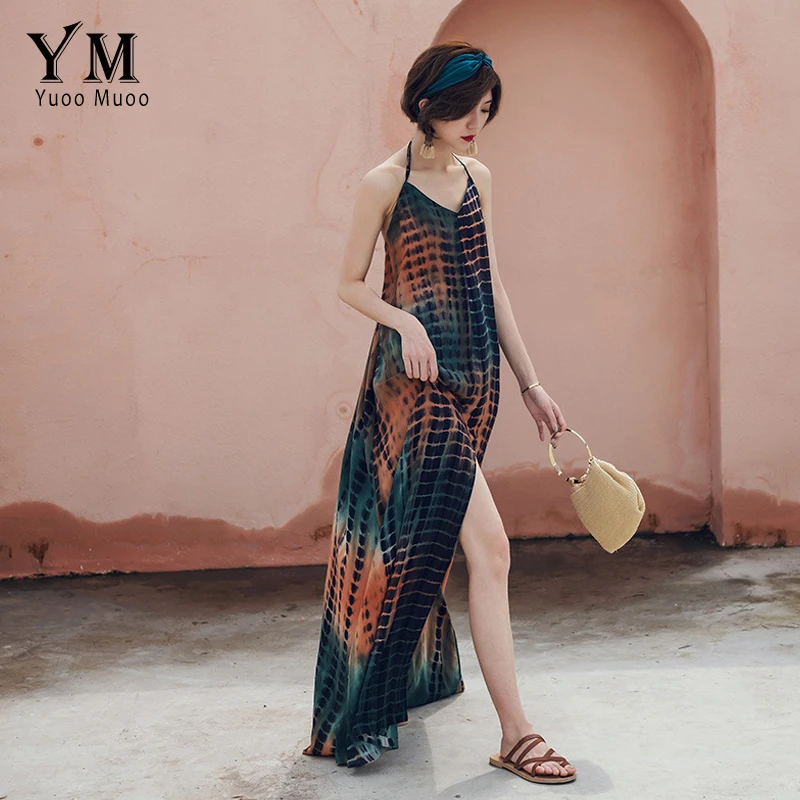 Женское платье макси YuooMuoo длинное пляжное в клетку с треугольным вырезом лето