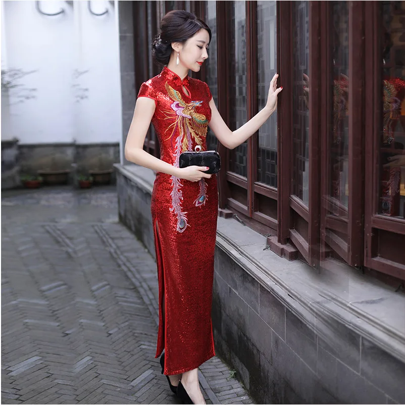 Red Cheongsam Women Traditional Dress Sexy Wedding Qipao Sequin Embroidery Chinese Oriental Dresses Vestidos Formales Long QiPao |