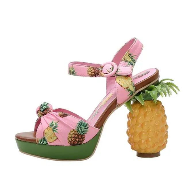 

Moraima Snc Pineapple Printed Strange Heels Woman Shoes Summer Peep Toe Platform High Heel Sandals Ankle Strap Party Dress Shoes