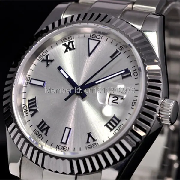 

Parnis Silver Color Dial Vintage Automatic Movement Mens Watch Date Oyster Bracelet Solid Back P12