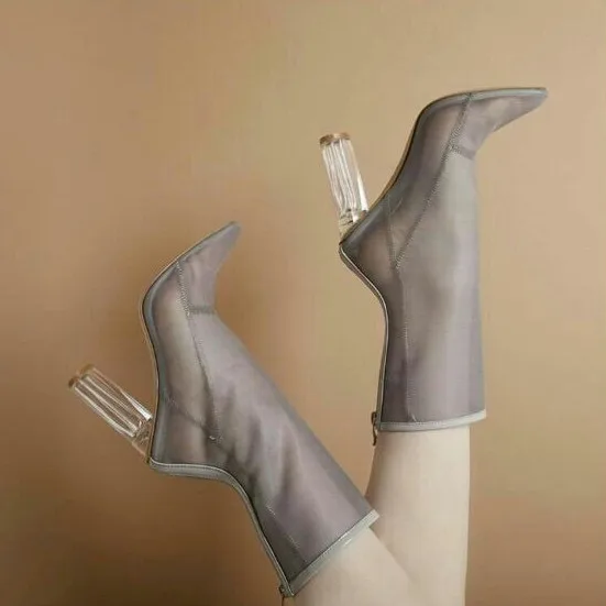 Light Gray KALMALL/женские полусапожки из прозрачного сетчатого материала; ботильоны в стиле Ким Кардашьян; женские ботинки на высоком квадратном каблуке с острым носком - Цвет: Light Gray
