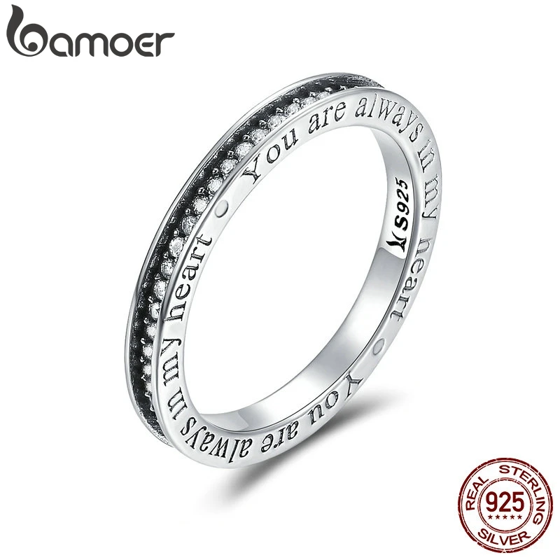 BAMOER, 925 пробы, серебро, вы всегда в моем сердце, с надписью, Pave CZ, кольца на палец для женщин, свадебные, обручальные ювелирные изделия SCR159
