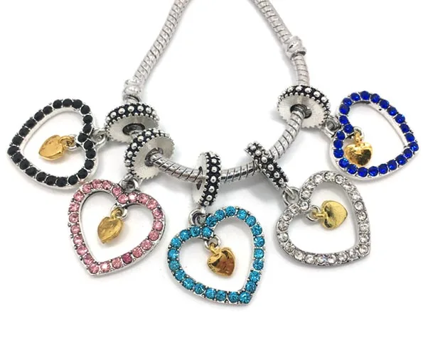 Free Shipping 2017 20pcs 32x19mm big hole double heart rhinestone pendant alloy beads fit European bracelet &amp necklace DIY | Украшения и