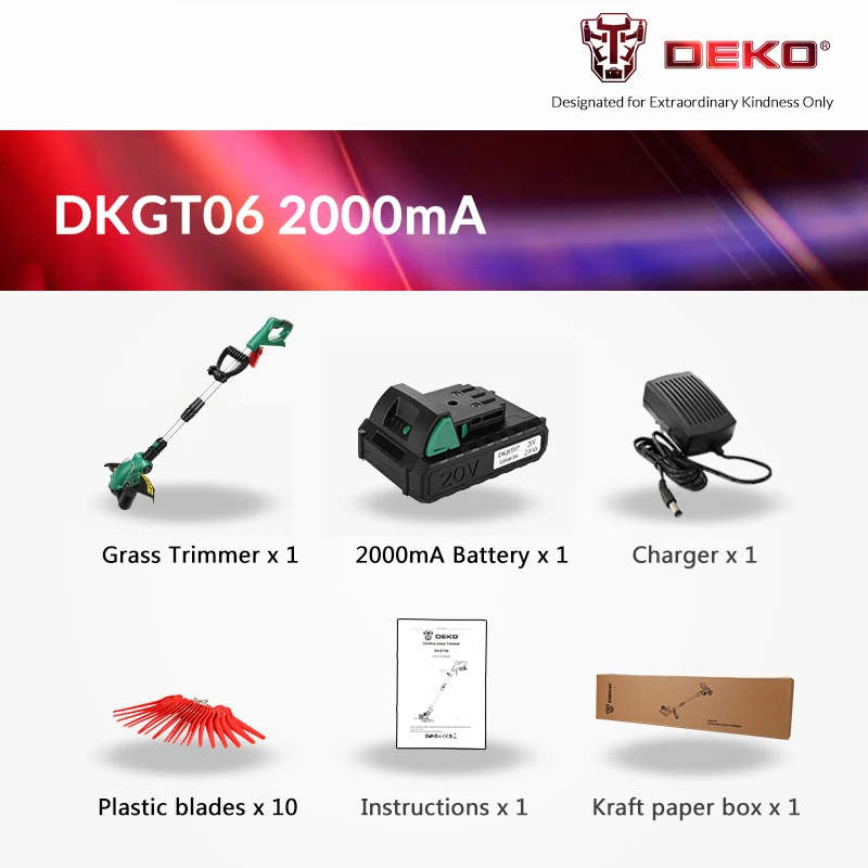 2000mAh DEKO DKGT06 20 в литиевый 1500/2000 мАч беспроводной триммер для травы с аккумуляторной батареей и подвески с лезвиями регулируемый Рабочий угол - Цвет: 2000mAh