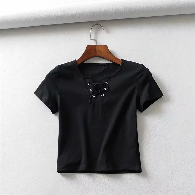 Женская футболка с коротким рукавом и кружевным воротником - Цвет: black