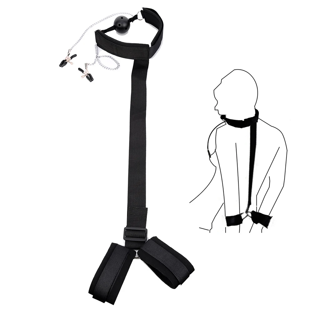 Маска для рта с черным мячом, наполненным поролоном, из искусственной кожи, с ниппельными зажимами, воротником для раба, BDSM-игра взрослых, секс-игрушки для женщин.