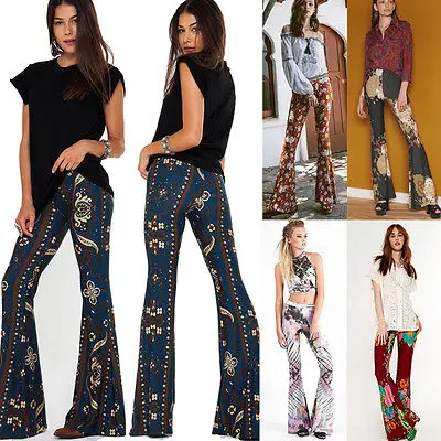 Женские брюки с высокой талией и принтом в стиле бохо облегающие клеш длинные