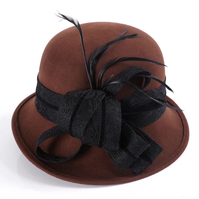 Женская новая шерстяная шляпа элегантная Джокер стильная Шляпа Fedora Женская утолщенная теплая шляпа для отдыха британская шерстяная шапка 6 цветов B-7661 - Цвет: Коричневый