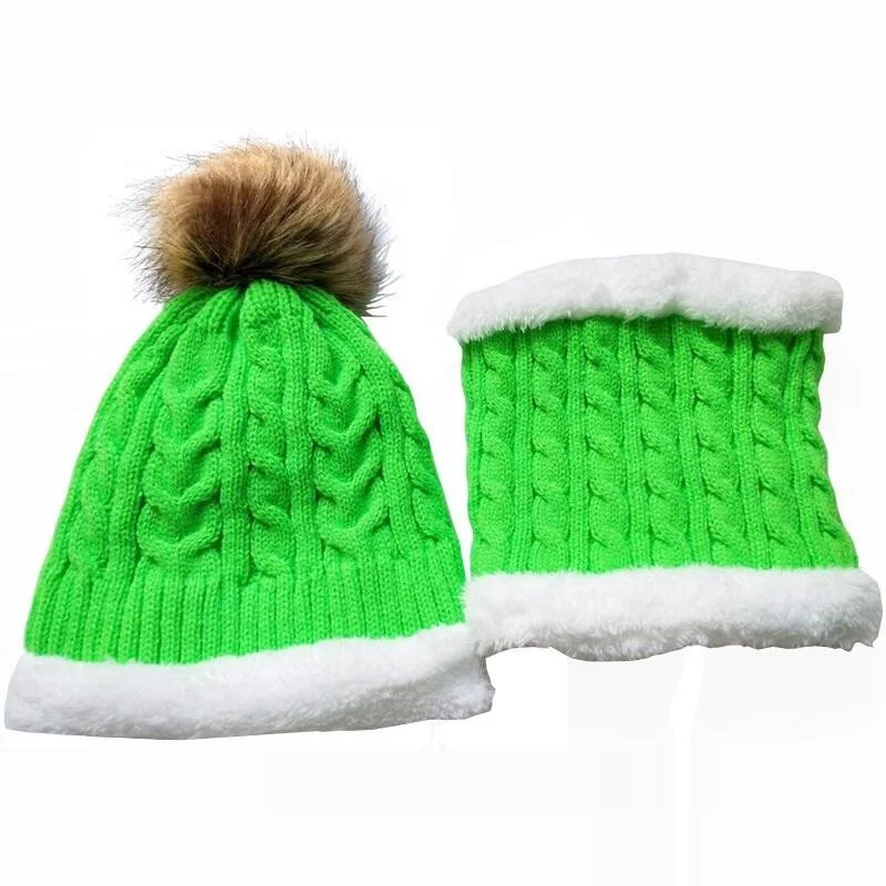 green Новые модные детские шапки для девочек, детская шапка для мальчиков, бархатная осенне-зимняя шапка для девочек с помпоном, набор из шапки и шарфа - Цвет: green