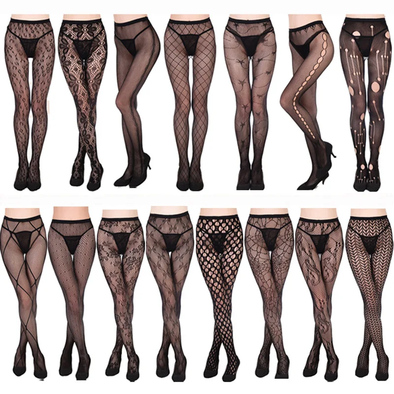 

Sexy Tattoo Jacquard Lace Mesh Pantyhose Women's Fashion Black Tights Female Elasticity Stocking Hollow Black Fishnet Tights