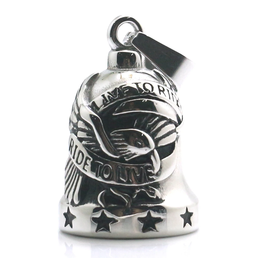 Mens 316L Stainless Steel Cool Ride To Live, Live To Ride Stars Silver Eagle Biker Newest Ring Bell Pendant