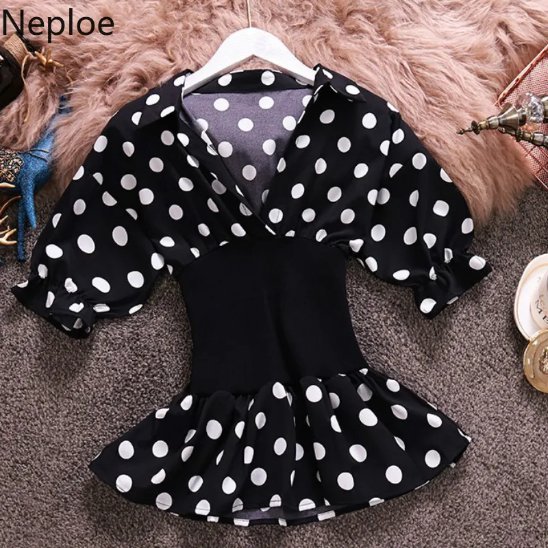 Neploe Chiffon Women Blouse Summer 2019 New V-Neck Puff Sleeve Blusa Fashion Slim Waist Ladies Tops 44599 |