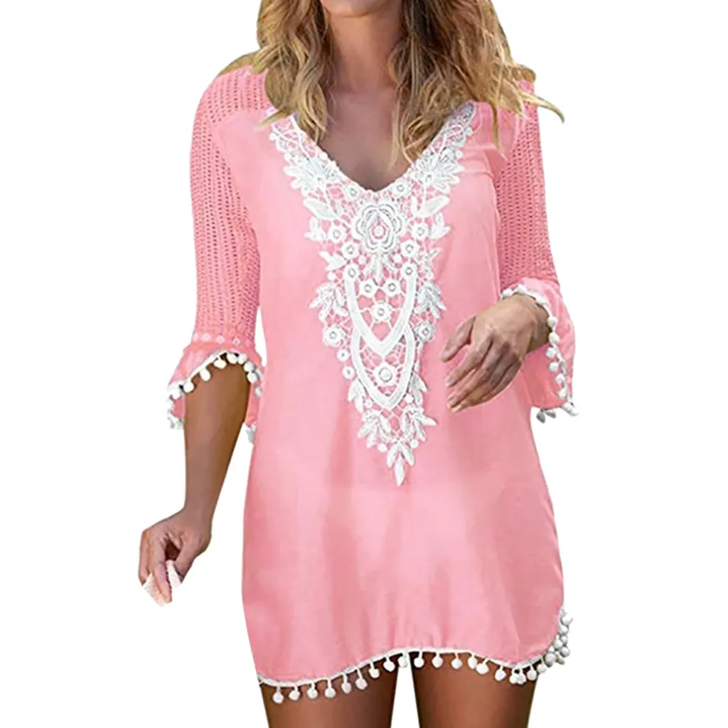 Женская накидка с помпонами кружевной вязаный купальник пляж свободное летнее