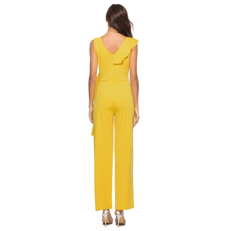 

Yilia Ruffles Hem Sleeveless Sexy Solid Summer Jumpsuits Women V-neck Bodycon Rompers Summer Playsuit Plus Size Fitness Romper