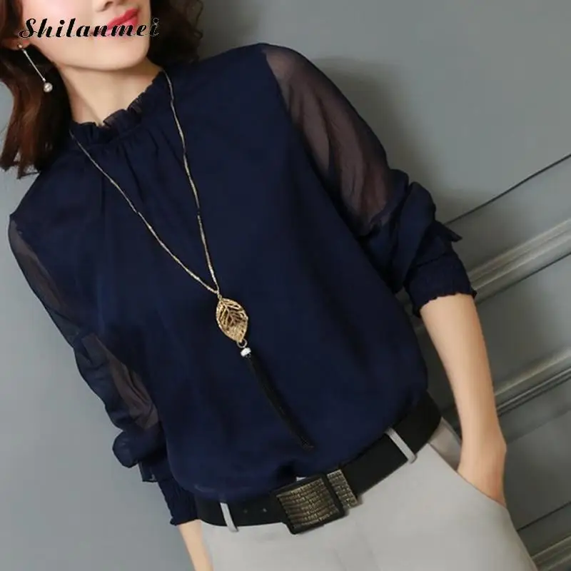 dark blue Новинка, женская шифоновая блузка, топы с длинным рукавом из сетки и стоячим воротником, рабочая одежда, рубашки, элегантные женские Однотонные блузки на каждый день, цветные Блузы - Цвет: dark blue