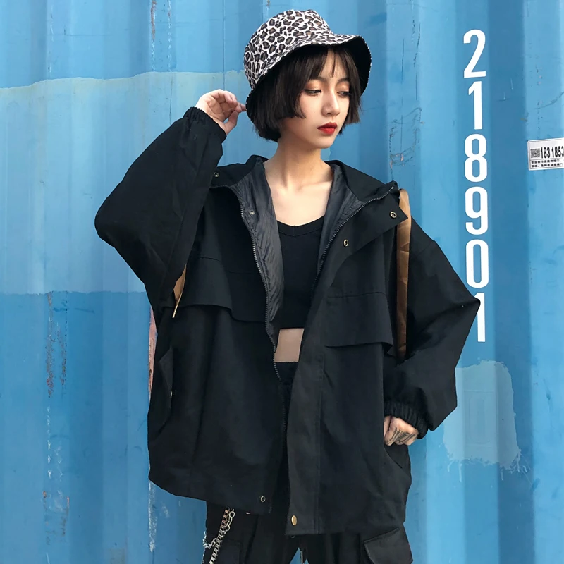 Black Plegie Harajuku, Женская куртка большого размера,, весна, осень, пэтчворк, куртка с капюшоном, Bf стиль, Студенческая куртка свободного кроя, пальто - Цвет: Black