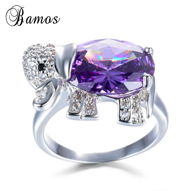 Bamos Charming Purple Birthstone Jewelry Sets Lovely Elephant Hoop Earrings/Ring/Necklace Silver Color Animal Pendants Gift | Украшения и