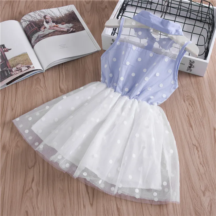Girls Blue Dress Sleevless Dot Casual Summer Baby Multi Yarn Mesh Clothes Children Clothing | Детская одежда и обувь