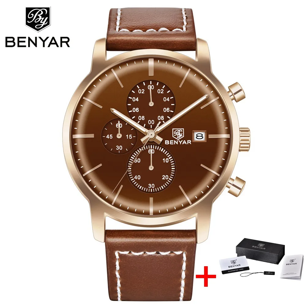 all brown with box BENYAR мужские часы из нержавеющей стали Кварцевые спортивные часы Роскошные водонепроницаемые мужские наручные часы с хронографом для мужчин Relogio Masculino - Цвет: all brown with box