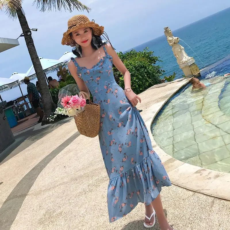 New Summer Vintage Dresses Romantic Floral Printed Vestidos Sleeveless Long Beach Dress Blue Spaghetti Strap vestidos de festa | Женская
