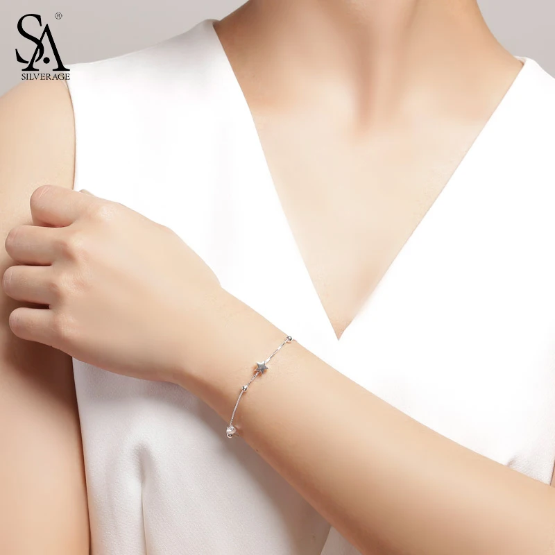 SA SILVERAGE 925 Silver Star Ball Chain Link Bracelets Pulseira Feminina Sterling Charms Bangles for Women | Украшения и