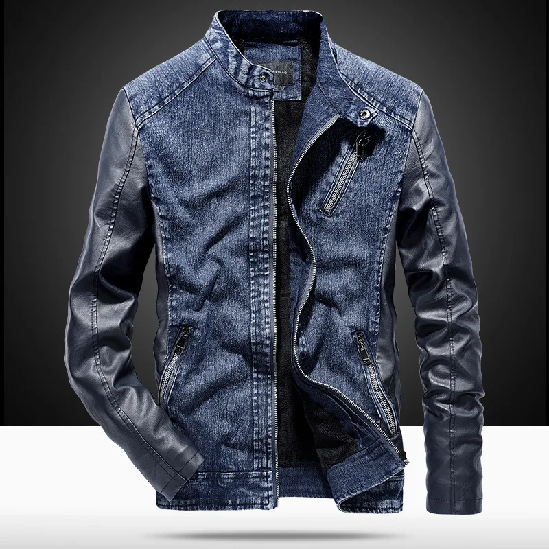 B Мужская Лоскутная джинсовая куртка с кожаным рукавом теплая ветрозащитная