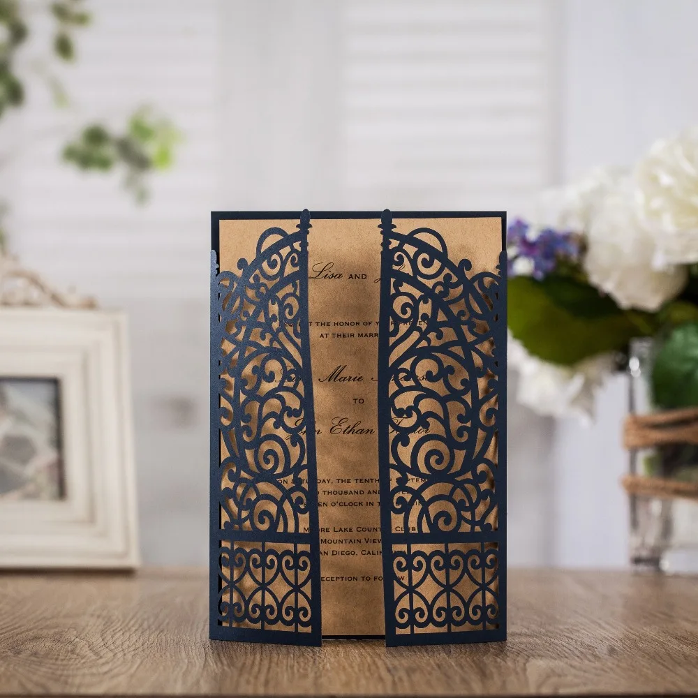 

WISHMADE Laser Cut Wedding Invitations Cards with Navy Blue Hollow Open Gate Design for Engagement Bridal Shower Party 50pcs/lot