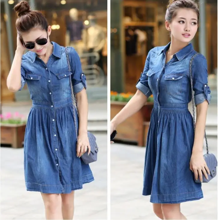 The new spring and summer 2015 han edition code cowboy dress Increasing fertilizer waist long sleeved dress|spring fashion dresses|spring